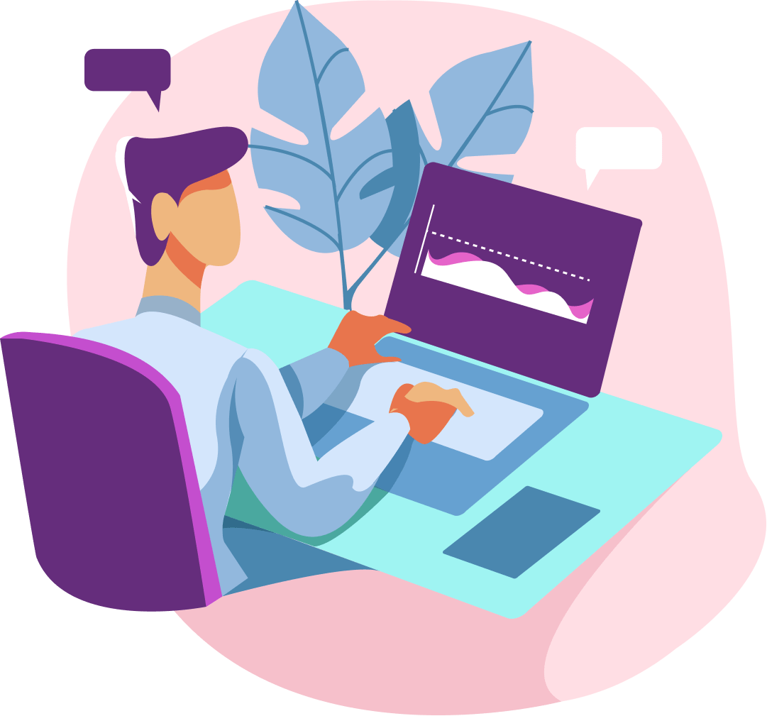 Data-Driven Marketing Ilustración de una persona analizando gráficos en una laptop, representando estrategias de marketing basadas en datos y métricas.