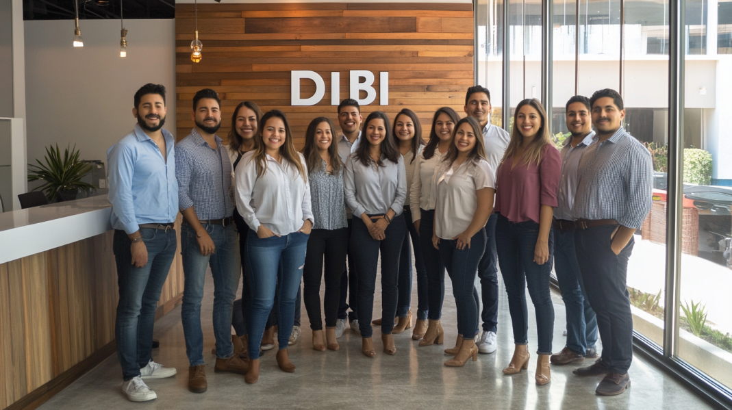 Grupo de personas posando en una oficina moderna con un fondo de madera donde se lee "DIBI". Están vestidos con ropa de negocios casual y sonríen para la foto. Grupo de personas posando en una oficina moderna con un fondo de madera donde se lee "DIBI". Están vestidos con ropa de negocios casual y sonríen para la foto.