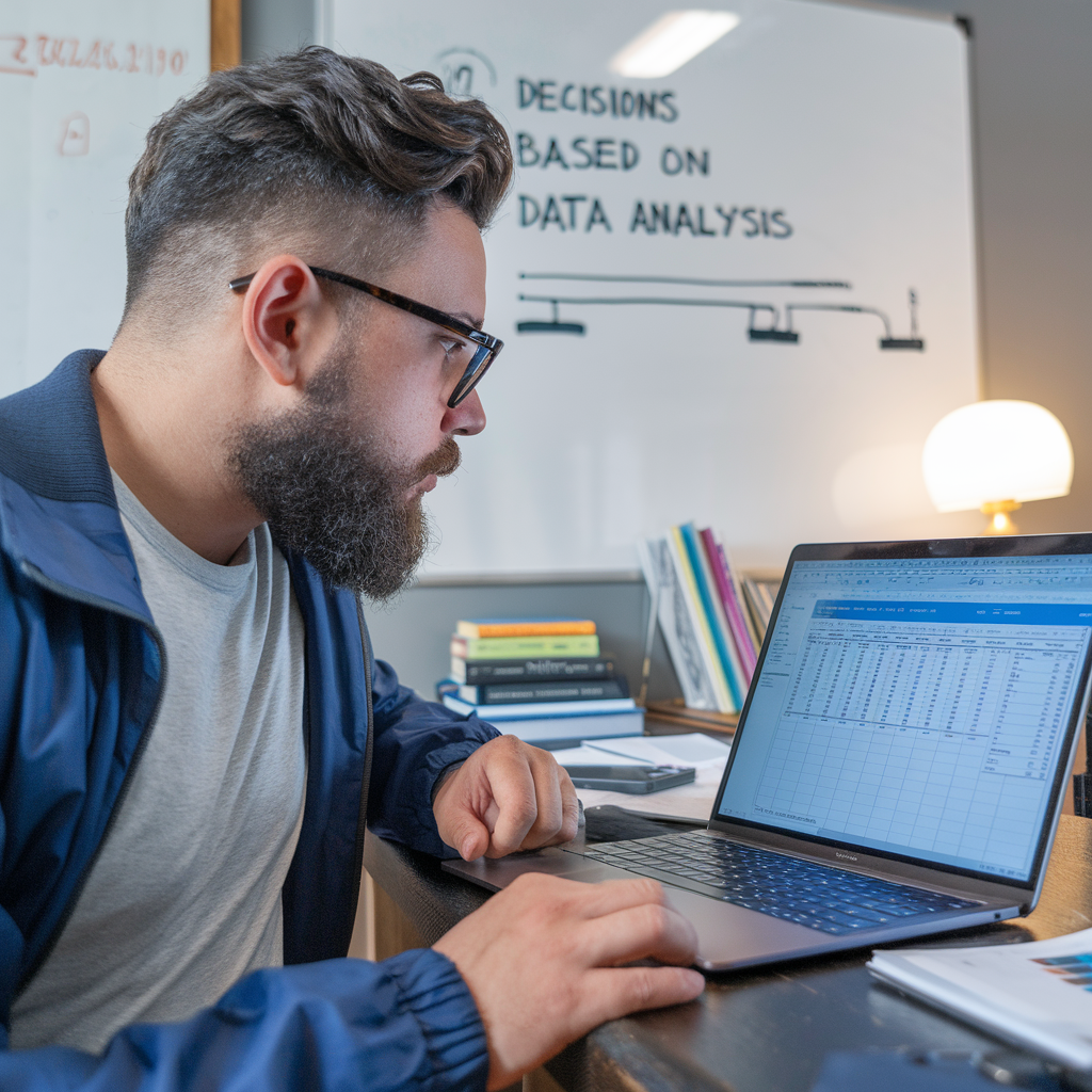 Hombre con gafas y barba analizando datos en una hoja de cálculo en su laptop, con una pizarra blanca de fondo que dice 'Decisions based on data analysis'.